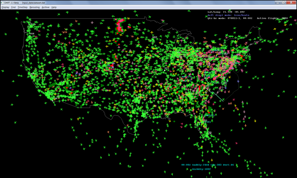 DART screenshot of simulated flights across the National Airspace System