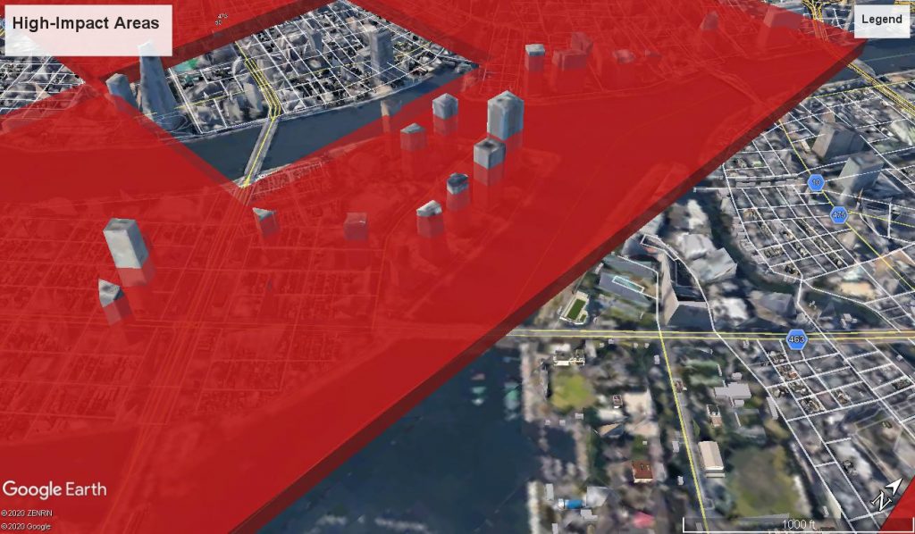 Urban air mobility weather impact model showing high-impact areas over a city