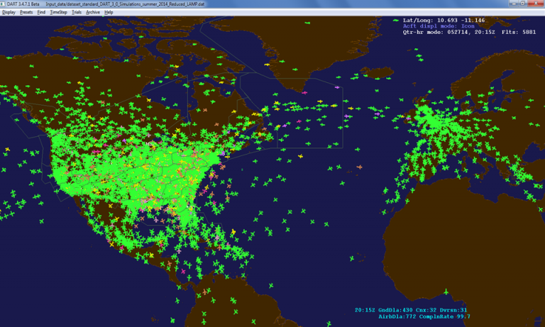 DART simulation map of air traffic over the continental United States