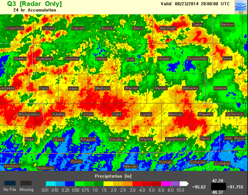 MRMS radar-only 24-hour precipitation accumulation map