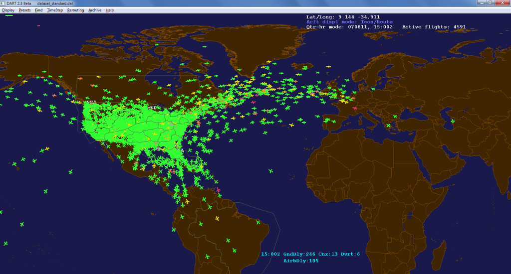 DART screenshot showing simulated air traffic and weather over the United States