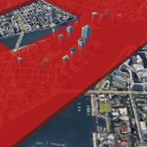 Urban air mobility weather impact model showing high-impact areas over a city